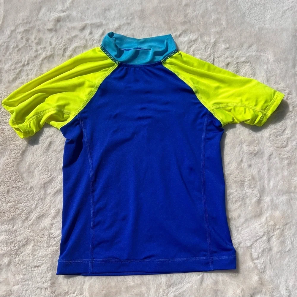 Lands’ End Boys Rash Guard Swim Set XS 4-5 Blue Neon + Swim Trunks